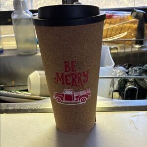 NWT “Be Merry” Cork Travel Mug w/Lid